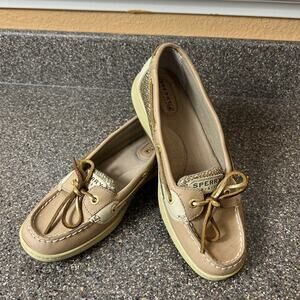 Sperry Top-Sider Gold/Beige Leather Women's 7.5M Loafer Glitter Bow Slip On Flat